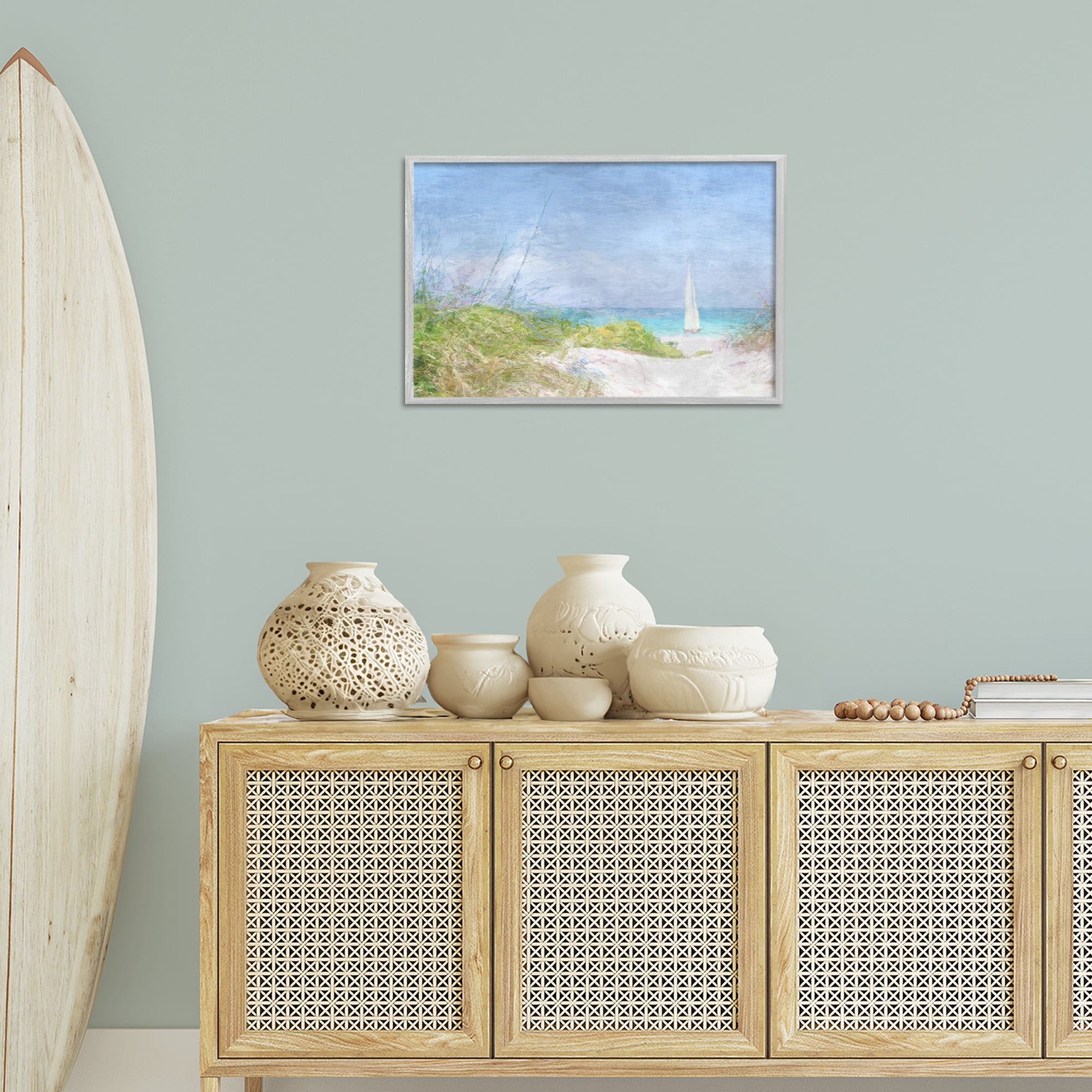 Stupell Industries Solitary Yacht Seascape Coastal Painting Gray Framed Art Print Wall Art, 24 x 16