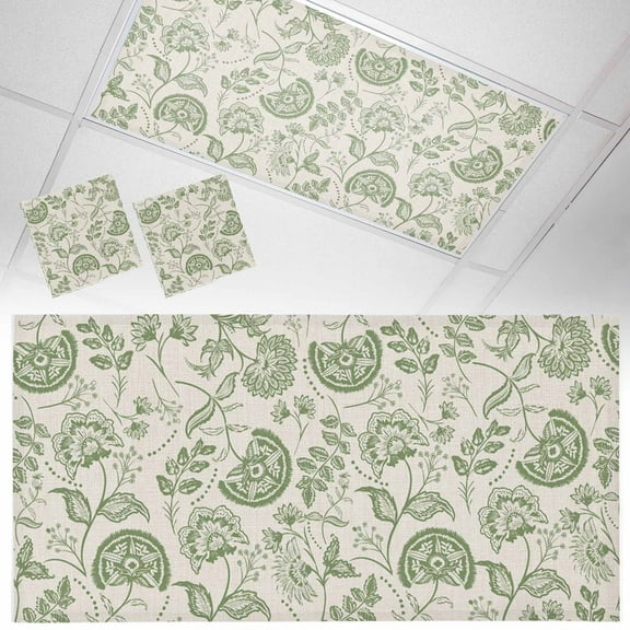 2 Pack Farmhouse Sage Green Floral Fluorescent Light Covers for Ceiling Lights Linen Boho Flower Rustic Country Magnetic Ceiling Light Covers Overhead Light Filters for Office Classroom Home