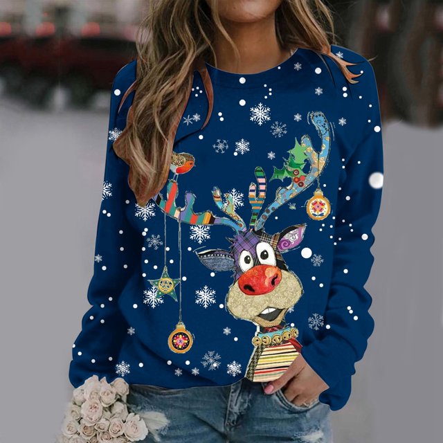 WILLBEST Playeras Navideñas Mujer Blusa Informal de Manga Larga y Cuello Redondo con Estampado Disfraces
