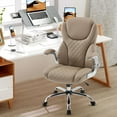 thumbnail image 3 of Leather Executive Office Chair, High Back Ergonomic Office Desk Chairs with Wheels, 90-120° Rocking Managerial Home Computer Chairs with Flip up Arms and Lumbar Support(Light Brown), 3 of 9
