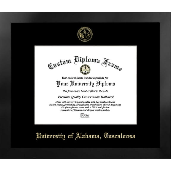 University of Alabama, Tuscaloosa 11w x 8.5h Manhattan Black Single Mat Gold Embossed Diploma Frame with Bonus Campus Images Lithograph (value savings at $59)