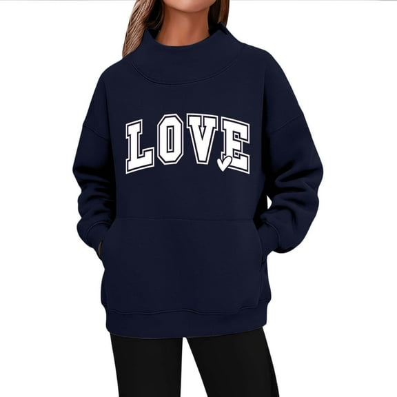 FNFYFH Mock Neck Sweatshirt for Women Love Letter Print Graphic Sweatshirts Oversized Valentines Pullover Tops with Pockets