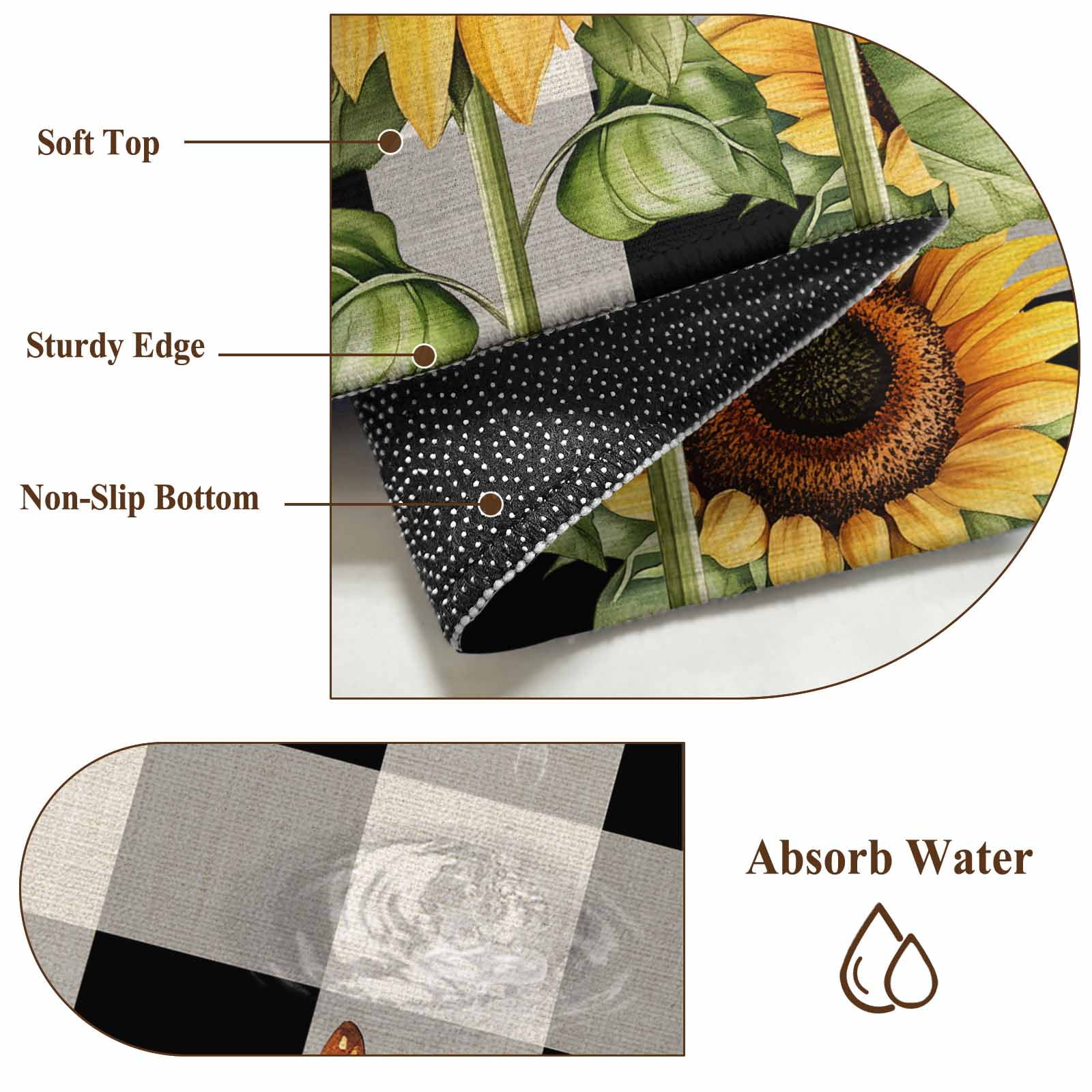 Entrance Runner Rug 2'x3', Sunflower Checkered Non-slip Doormat for Indoor Outdoor Entrance, Black Buffalo Plaid Pastoral Flowers Throw Floor Mat for Front Door/Living Room/Bedroom/Bathroom/Kitchen
