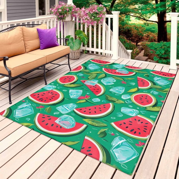 Summer Watermelon Outdoor Rug for Patio/Deck/Porch, Non-Slip Large Area Rug 4 x 6 Ft, Green Tropical Ice Cubes Cartoon Indoor Outdoor Rugs Washable Area Rugs, Reversible Camping Rug Carpet Runner