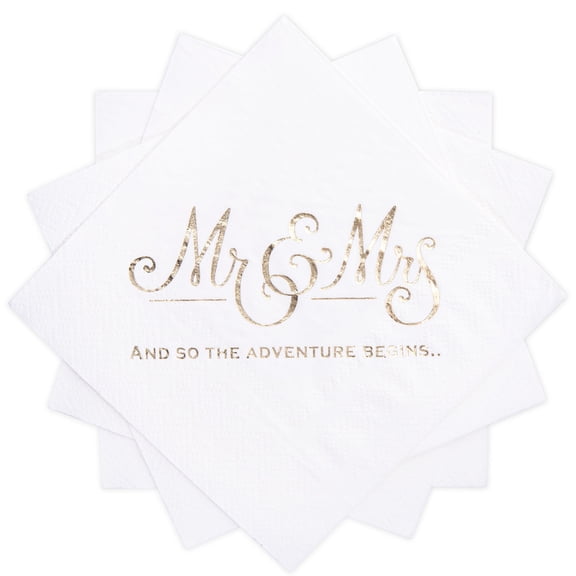 MyMealivos Wedding Napkins Disposable 20Pcs, Gold Foil Mr and Mrs Paper Cocktail Napkins for Wedding Dinner Party-White