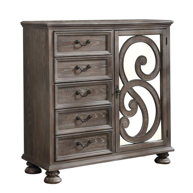 48 in. Scrolled Design 5 Drawer Armoire with Mirror Insert, Brown