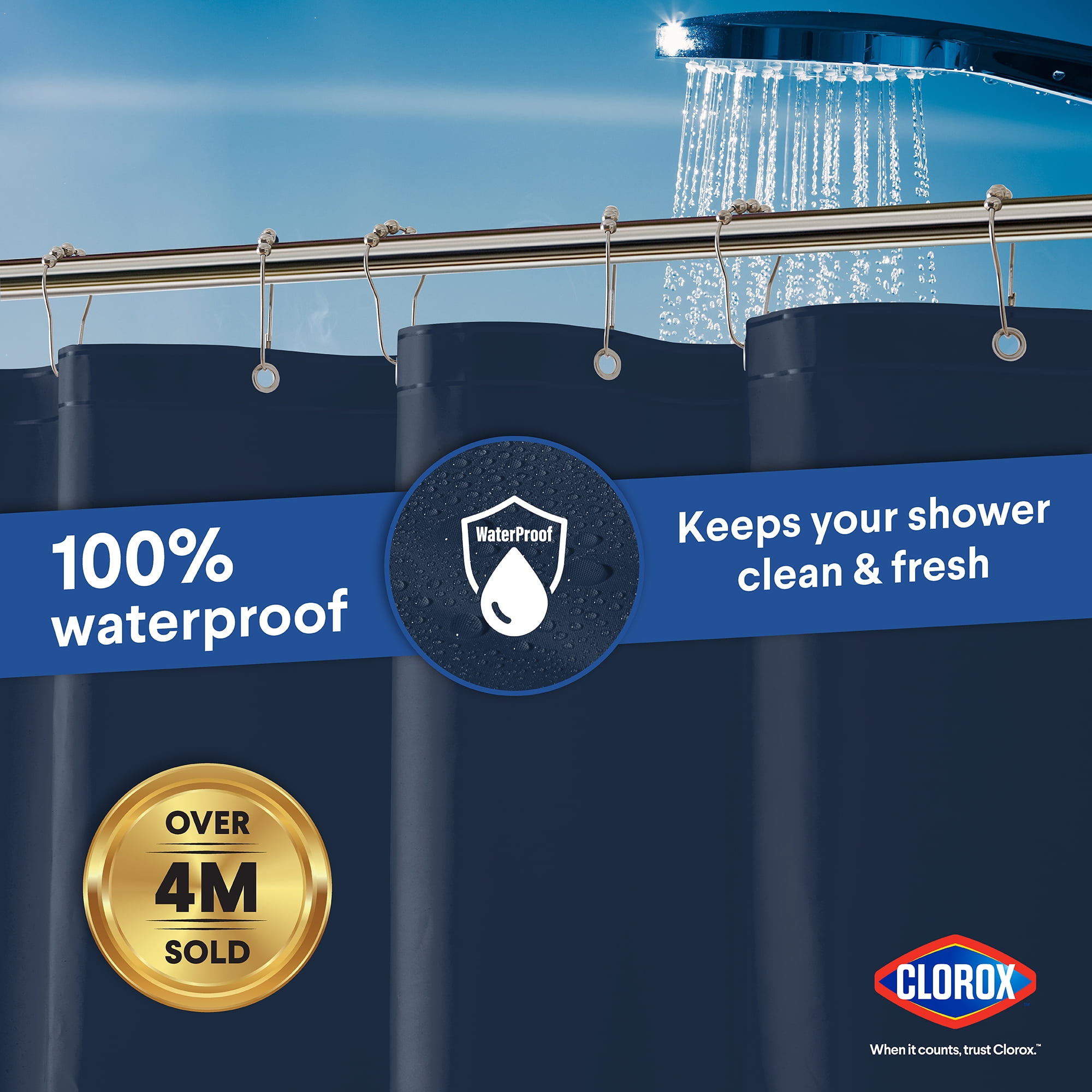 Clorox Shower Curtain Liner Heavyweight Waterproof PEVA with Metal Grommets 72" x 72" Blue