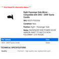 thumbnail image 2 of Right Passenger Side Mirror - Compatible with 2003 - 2008 Toyota Corolla 2004 2005 2006 2007, 2 of 2