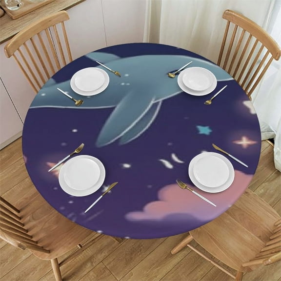 Unicorn Sea Dolphin Round Fitted Tablecloth with Elastic Edge Spring Summer Table Cover Waterproof Wipeable Table Cloth