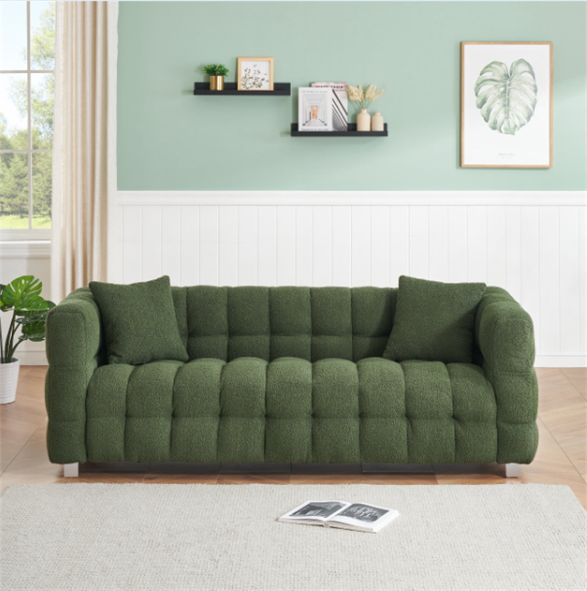 Aukfa 80" Modern Comfy Sofa, Deep Tufted Couch for Living Room, 2 Pillows, Teddy Fleece Green
