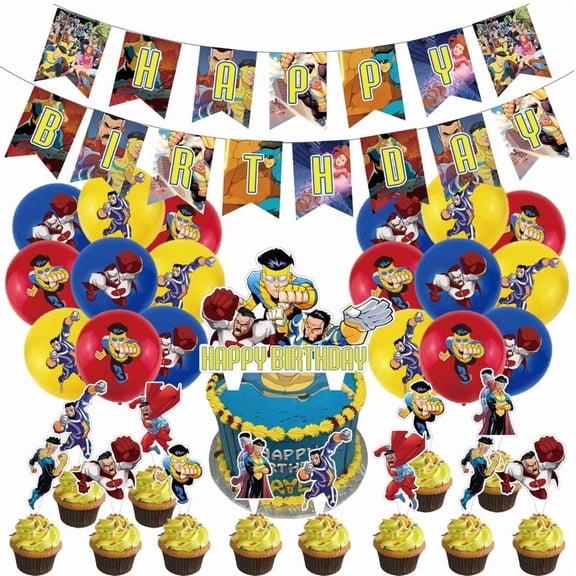 32 Pcs For Invincible Theme Birthday Party Decorations,With 1 Happy Birthday Banner Garland,18 Balloons,13 Cupcake Toppers for Party Decorations