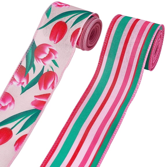 2 Rolls 2-1/2 inch Pink Flower Tulip Floral Wired Edge Ribbon 10 Yards Printed Burlap Fabric Ribbon Spring DIY