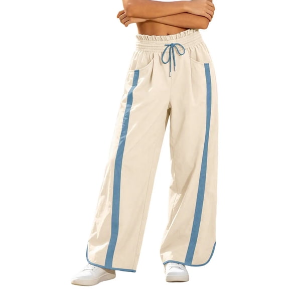 hotojiny Wide Leg Pants for Women Fashion High Waist Side Striped Baggy Sweat Pants Drawstring Athletic Casual Pants(White,X-Large)