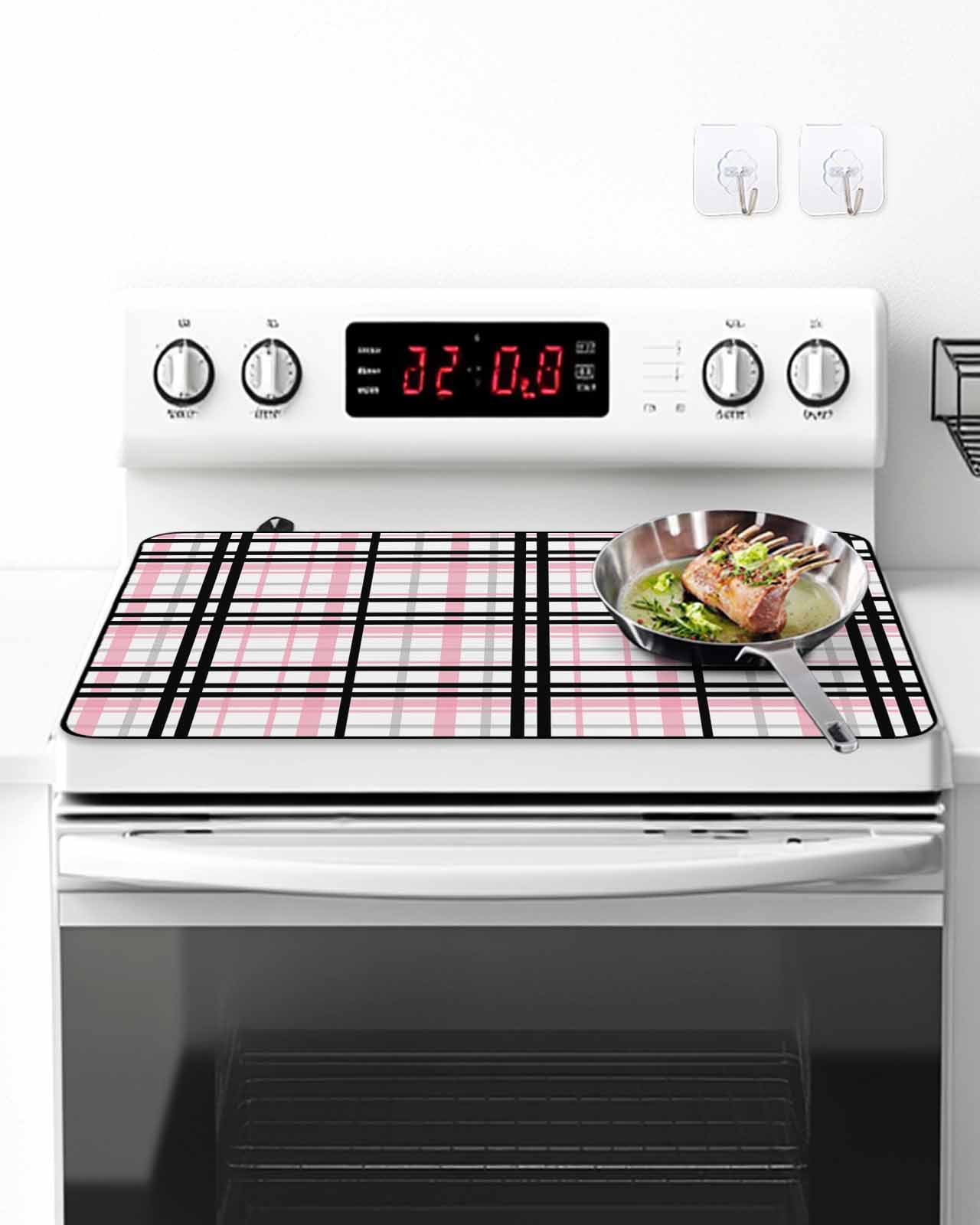 Stove Top Covers for Electric Stove, Pink Black Plaid Glass Stovetop Cover Protector, Farmhouse Pink Black Checkered Induction Cooktop Protector Oven Mat for Kitchen Countertop 24"x21"