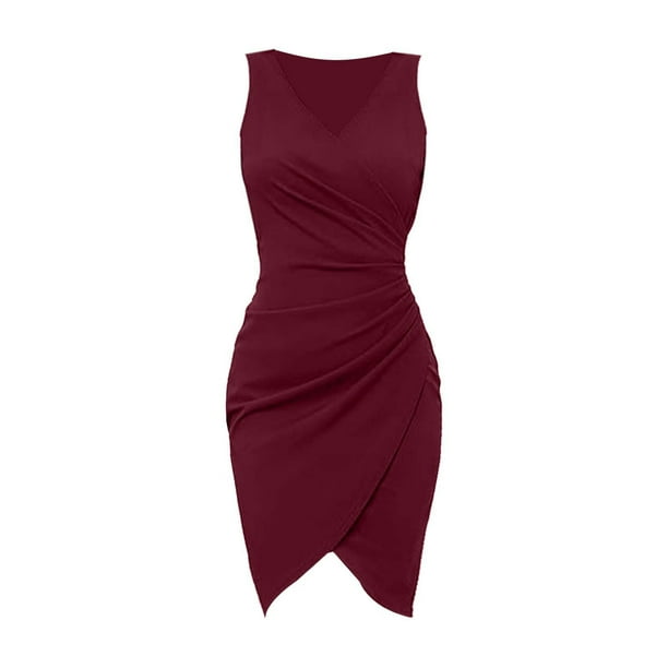 Vestido sexy de fiesta sin mangas con cuello en V, plisado y color liso para mujer