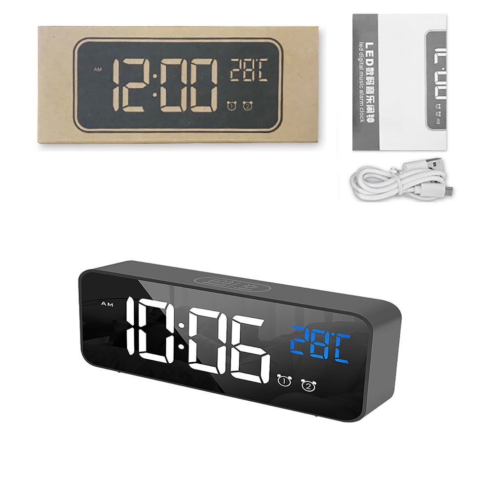 Digital LED Alarm Clock Portable Modern Snooze Mirror Dual USB Port Night Light 