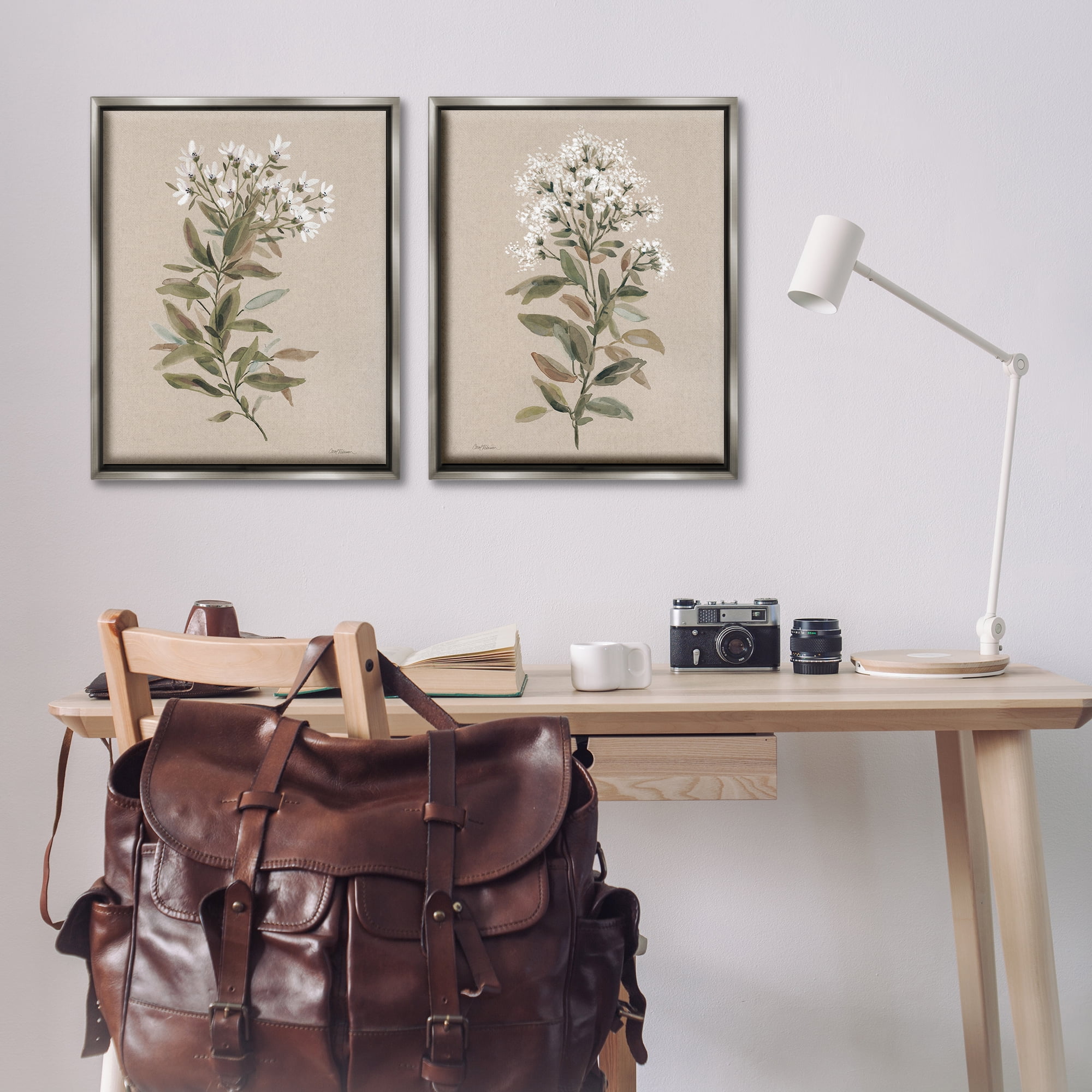 Stupell Industries Lovely White Floral Stem Plants & Flowers Painting Gray Floater Framed Canvas Art Print Wall Art, 31 x 25, Set of 2