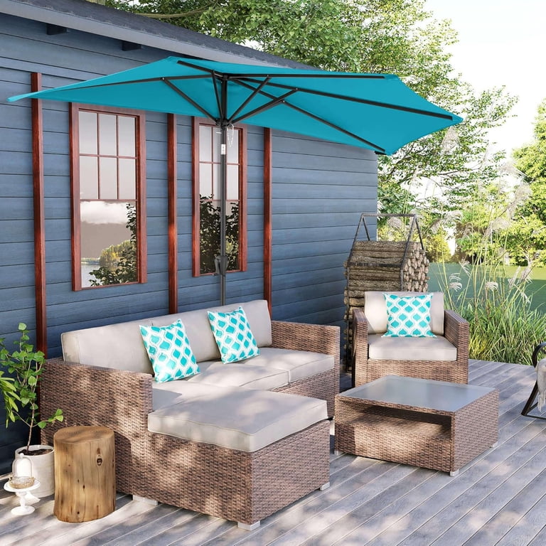 half patio umbrella with solar lights FLAME&SHADE 9 FT 25 LED Lights, Half Outdoor Umbrella with Button Tilt, Half Round Table Umbrella For Deck, Backyard, Balconies, Decks, Rvs, UV Protection (Taupe) Featuring a convenient manual open Outsunny 2.6 m Half Garden