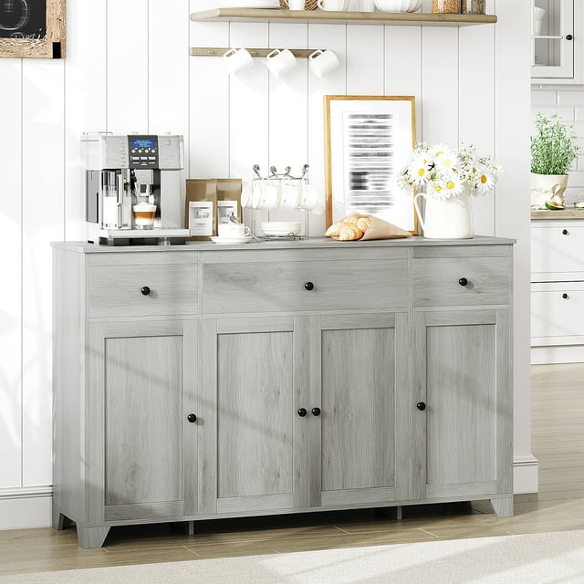 EDTara Modern Coffee Bar Cabinet, 55-Inch Wood Sideboard Buffet With Storage, Adjustable Shelves, 4 Doors, and 3 Drawers
