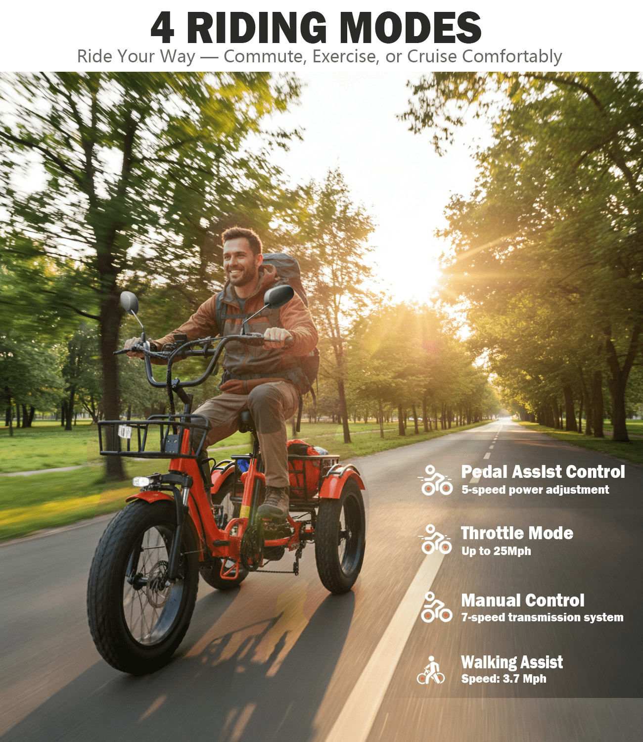 Electric Tricycle for Adult Folding Etrike Adult Electric 3 Wheels Bicycle Peak 1350W Motor Aluminum Frame 48V15.6AH Lithium Battery 20×4.0" Fat Tire & Rear Differential