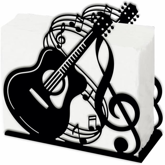 Servilletero de guitarra y partituras para mesas. Servilletero de hierro negro con forma de guitarra. Servilleteros con diseño musical. Servilletero práctico. Decoración.