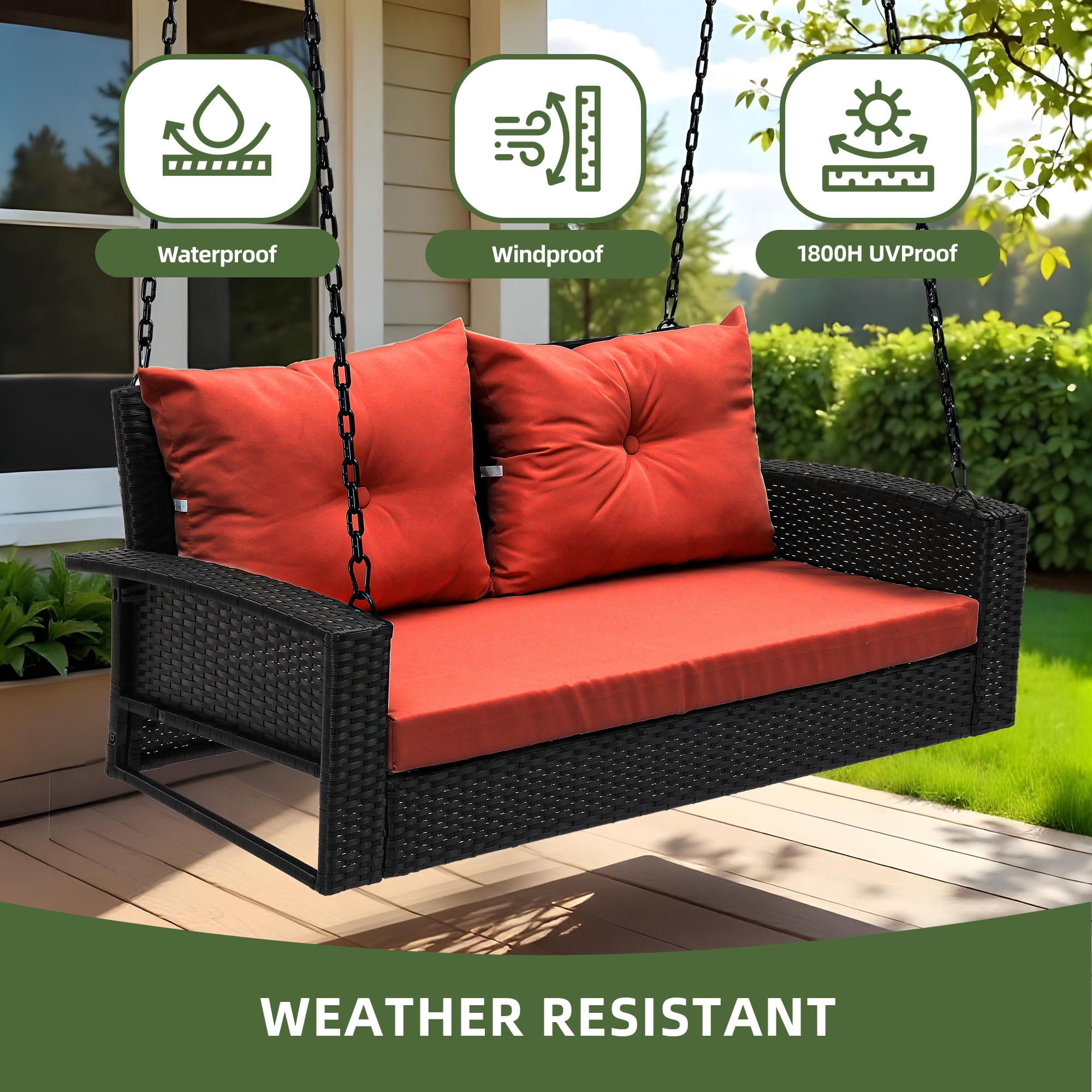 Uforic Dual-Seater Outdoor Swing Chair, Elegant Black Rattan Patio Lounge with Red Cushions and a Strong Capacity of 770lbs for Garden, Balcony, and Living Room