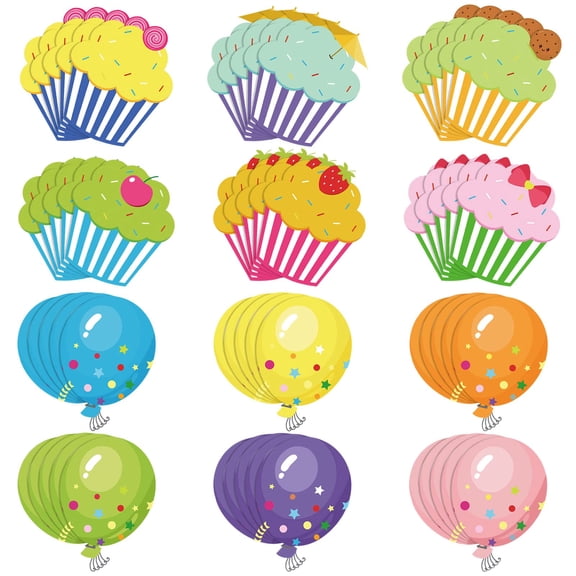60 Pcs Colorful Cupcake Cutouts, Balloons Name Tags, Classroom Door Decorations, Bulletin Board Decor, Birthday Party Supplies, DIY Crafts, Multicolor