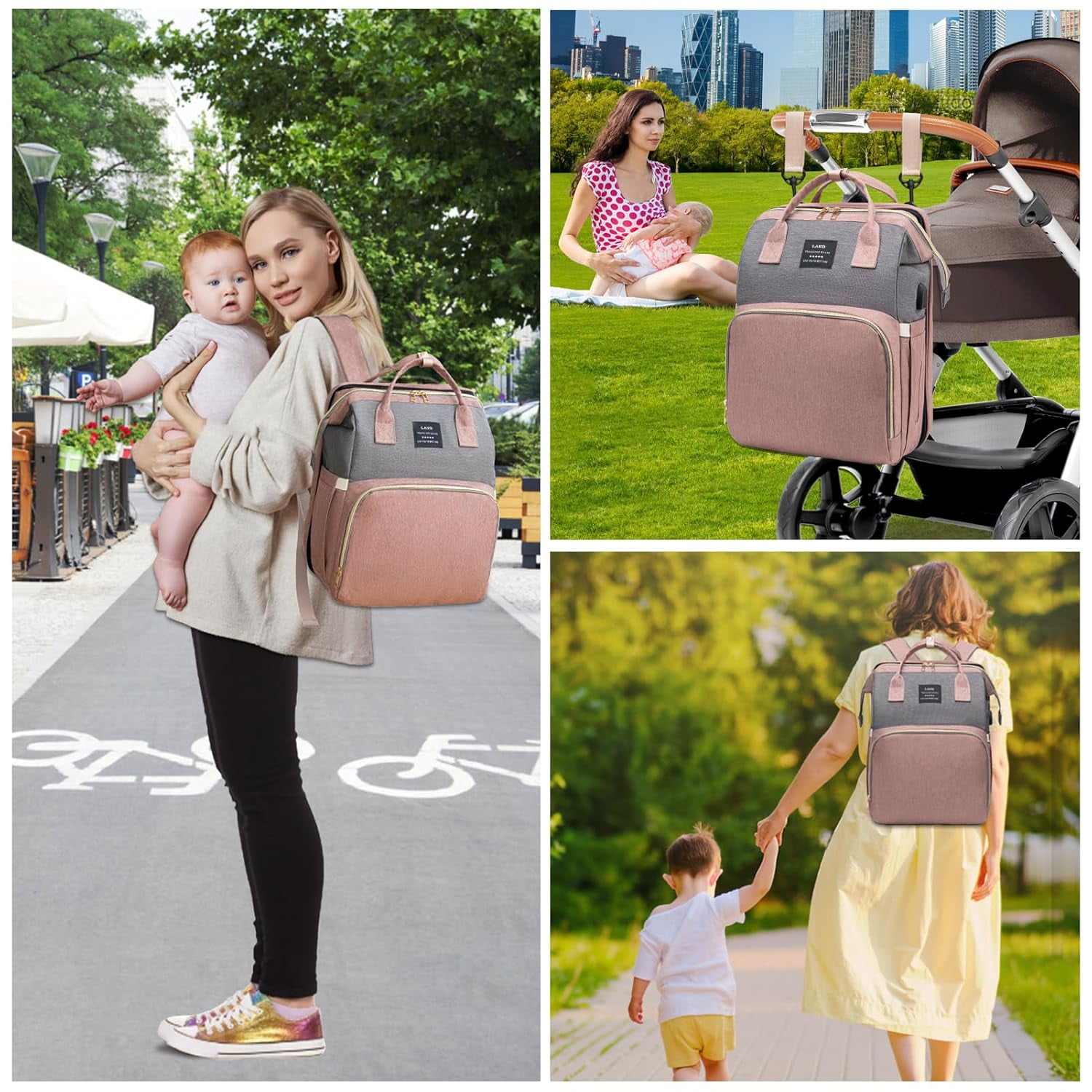 RSENFREMIOR Diaper Bag with Changing Station for Mom Dad, Large Capacity Travel Backpack with Foldable Crib for Girls Boys