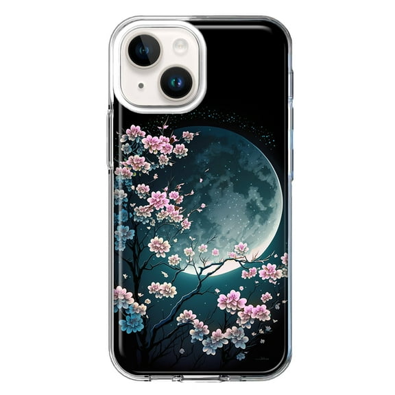 MUNDAZE Case for Apple iPhone 15 Hybrid Shockproof Slim Hard Soft TPU Shell Heavy Duty Protective Phone Cover - Kawaii Manga Pink Cherry Blossom Full Moon