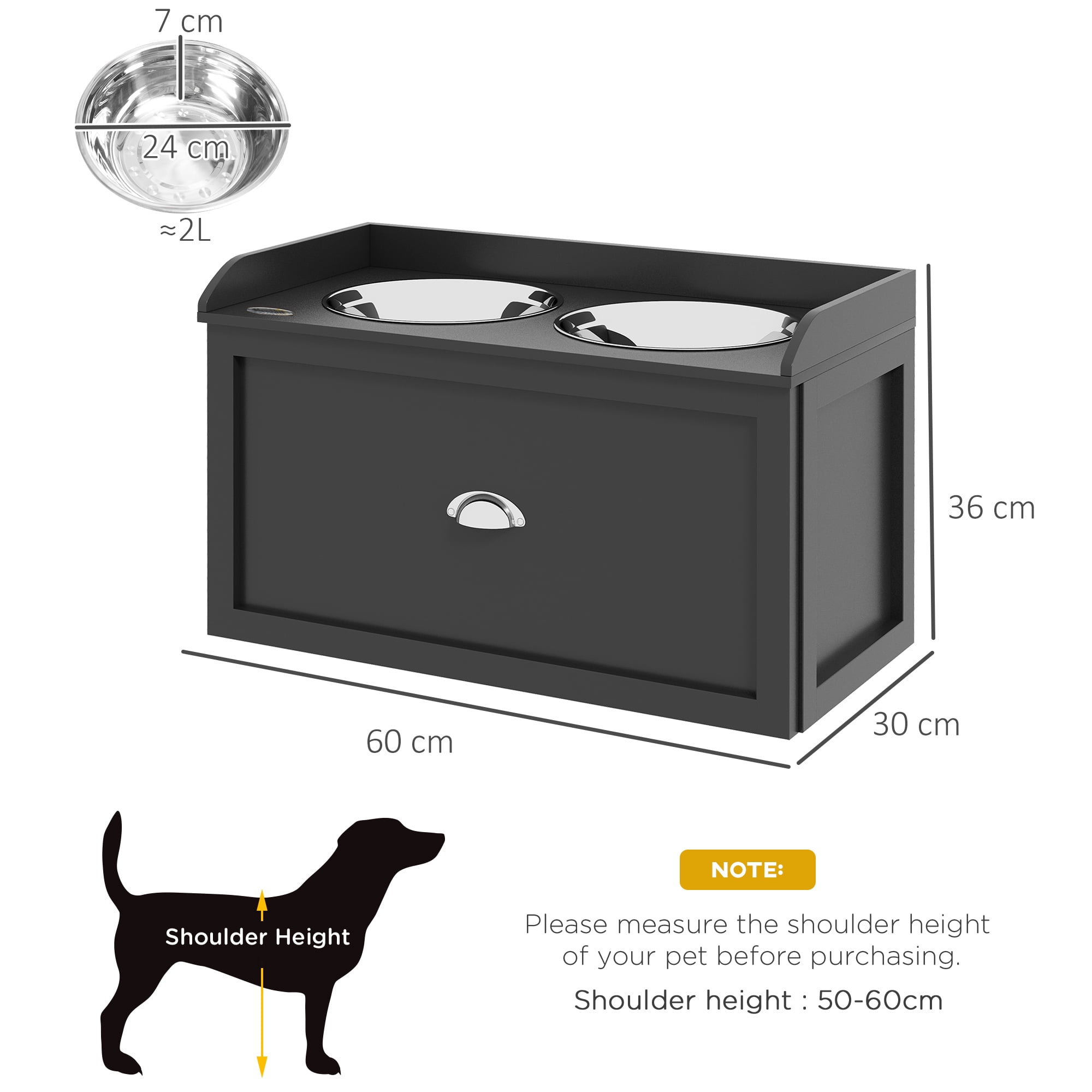 E-Western Dog Feeding Station with Storage Drawer, Large Removable Elevated Stainless Steel Bowls, Pet Organizer, Black