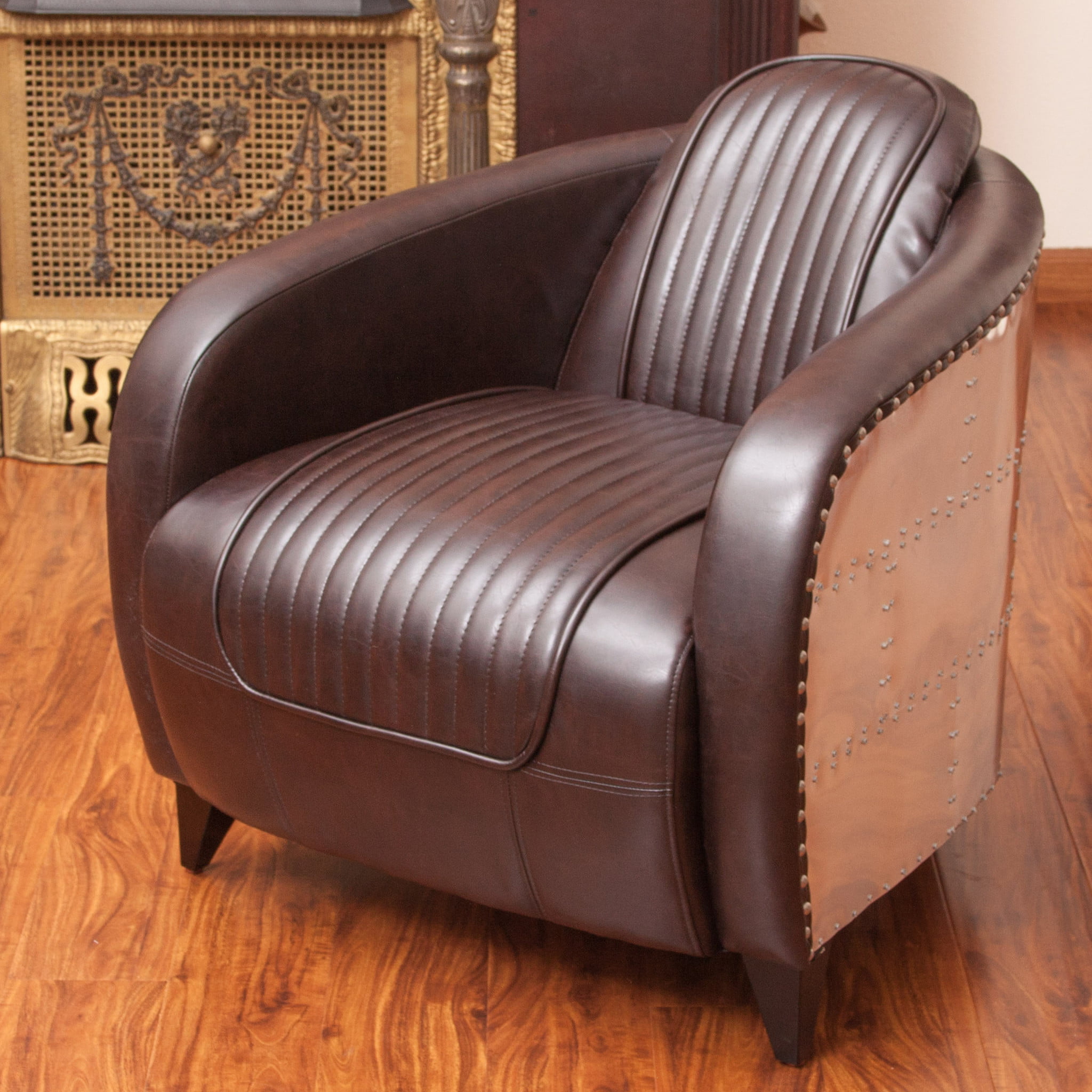 Duncan Channeled Brown Leather and Metal Club Chair