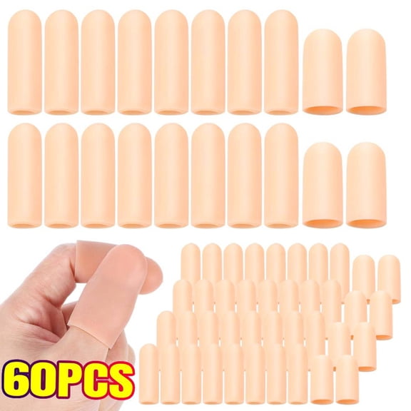 60 Pcs Gel Finger Cots, 2 Sizes Thumb Protector, Soft Finger Covers for Cuts, Fingertip Protector for Embroidery, Cutting, Hands Cracking, Corns, Blisters, and Calluses Protect, Nude