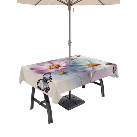 Outdoor Tablecloth with Umbrella Hole and Zipper, Pink Blue Floral Rectangle Table Cloth 60x120 Inch Waterproof Tablecloth, Butterflies Retro Oil Painting Picnic Table Cover for Patio Camping