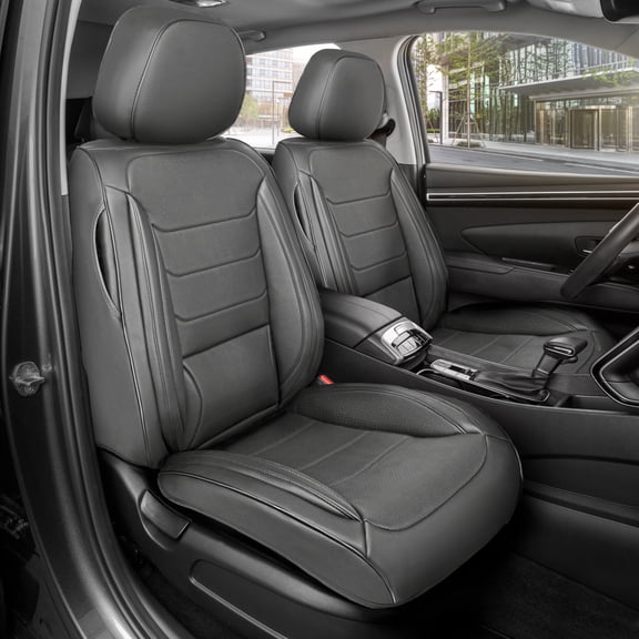 MotorBox Elite Edition Faux Leather Seat Covers for Cars, Trucks, & SUV - 2 Gray Car Seat Covers for Front Seats - Universal Fit Car Accessories Automotive Interior Cover Protector for Most Vehicles