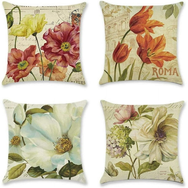 Lot de 4 Housse de Coussin 45 x 45 cm Polyester et Lin Décoratif