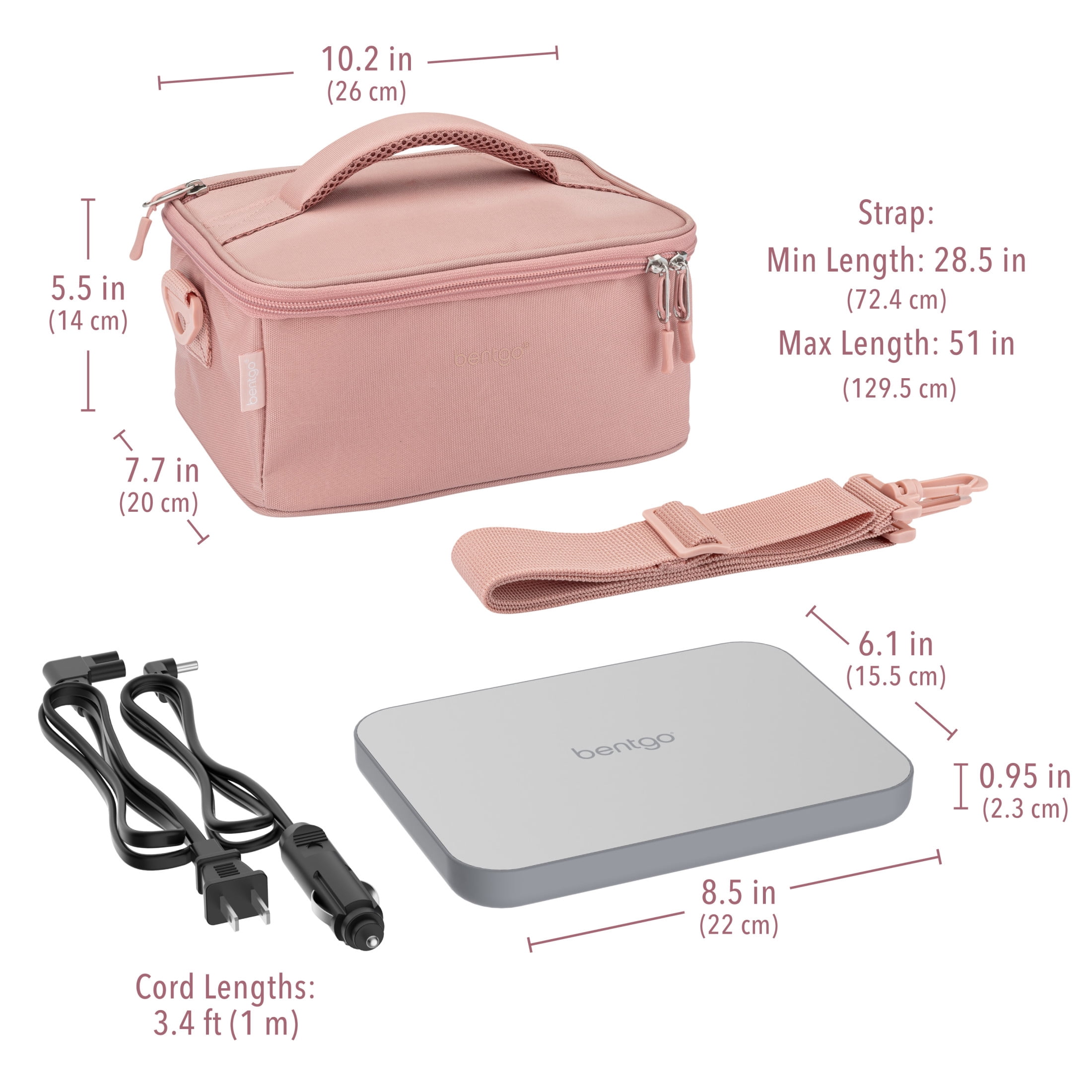 Bentgo Heat - Electric Lunch Bag & Food Warmer for Reheating Meals in Car, at Work & More - Heated Lunch Box Warmer for Adults, Students & Shift Workers, 12V/24V Auto & 120V Wall Cords (Blush)
