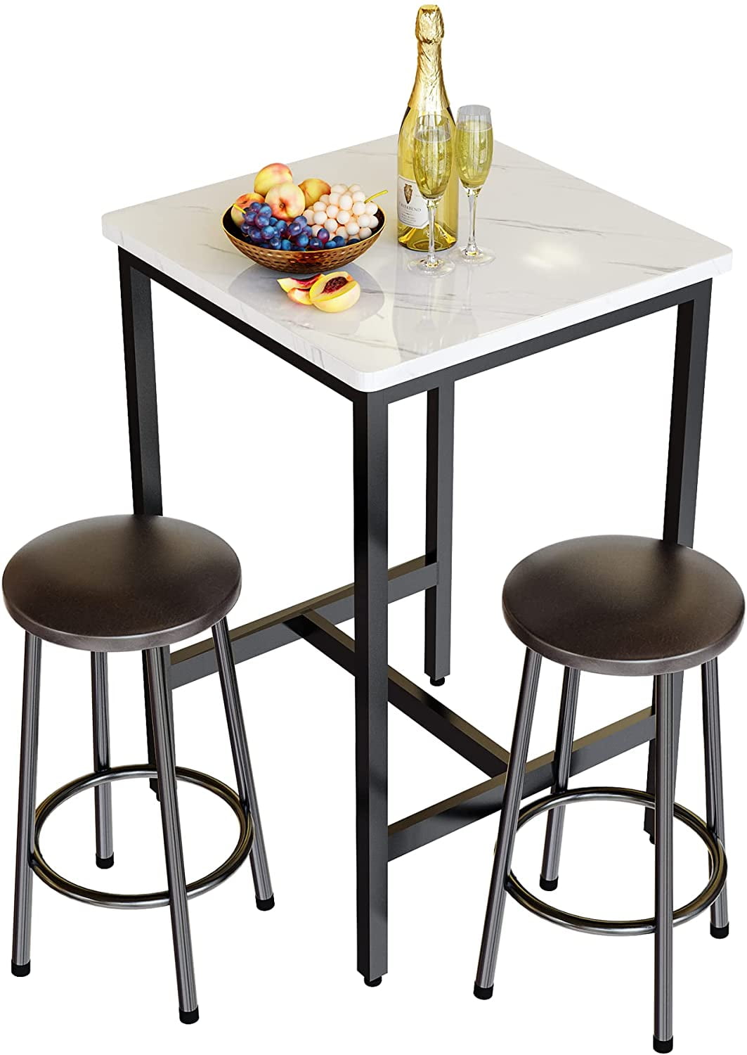 AWQM 3 Piece Bar Table Set, Square Marble Bar Table and Stools Set for