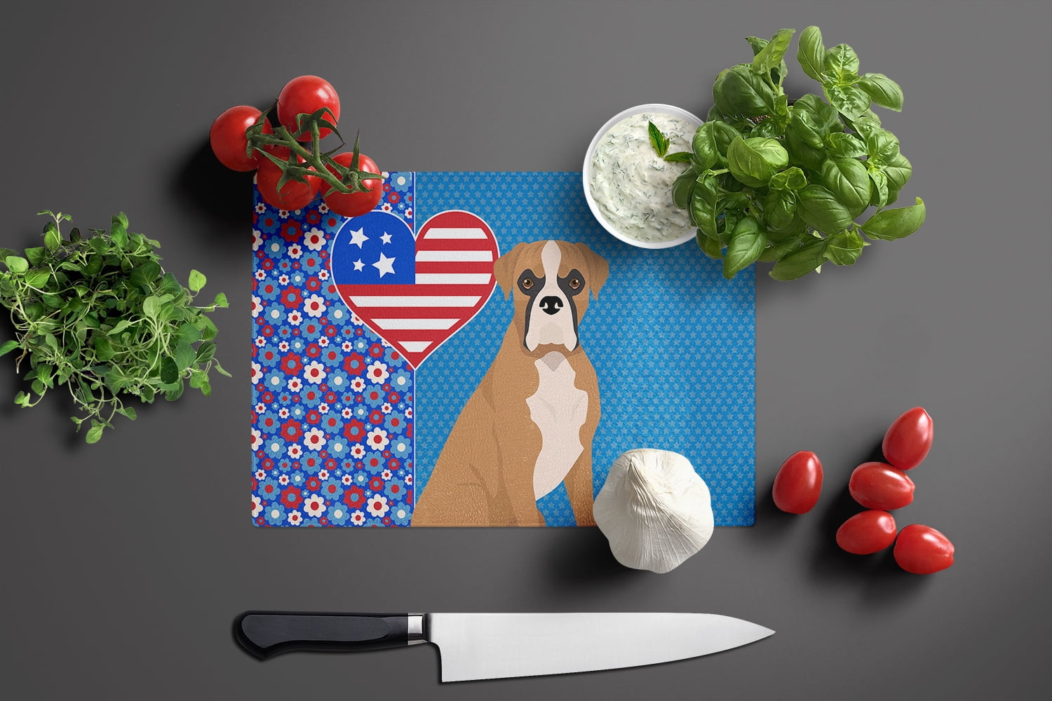 Natural Eared Fawn Boxer Glass Cutting Board Large 12 in x 15 in