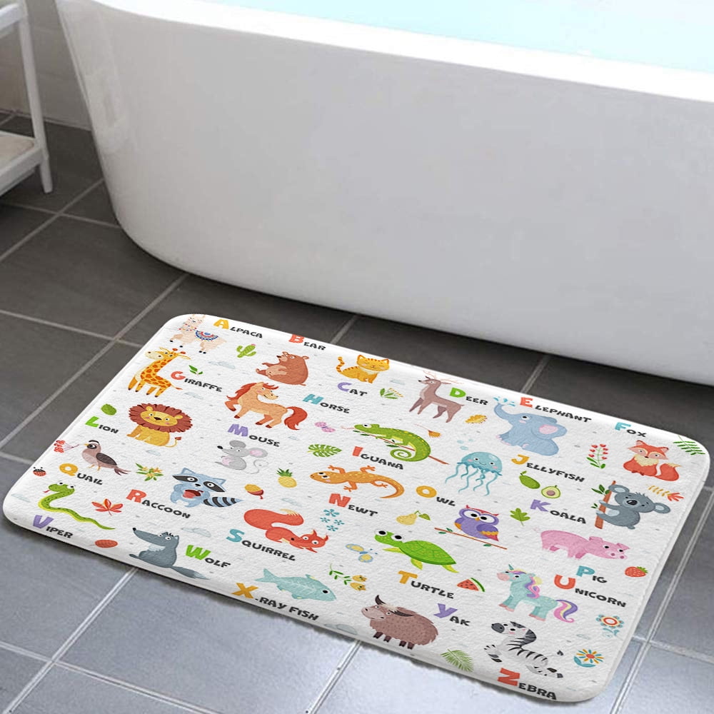 Kids Alphabet Shower Curtain Sets for Bathroom Decor, Brown and White Shower Curtain with Non-Slip Rugs, Toilet Lid Cover and Bath Mat, Bathroom Sets
