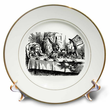 3dRose Mad Hatter tea party illustration by John Tenniel. Alice in Wonderland, Porcelain Plate, 8-inch