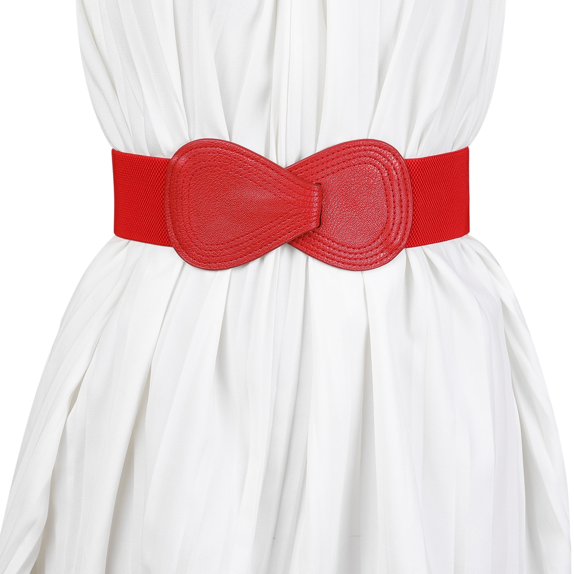 DARING DIVA Women's Interlock Faux Leather Elastic Buckle Belt 31"x43" Red