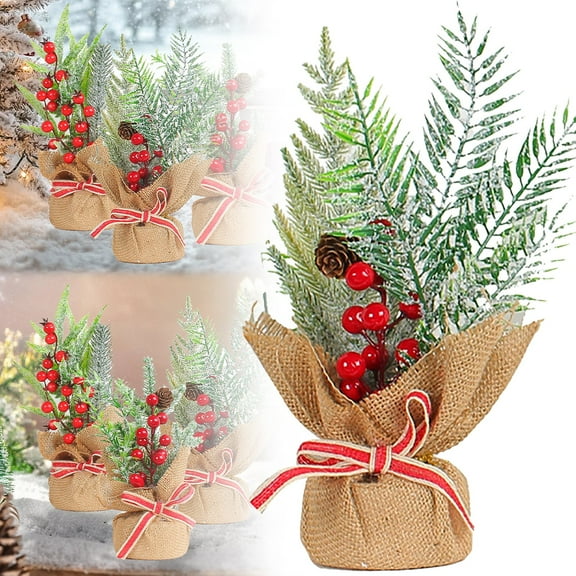 EZPXFCMini Christmas Tree Table Decorations, 11" Small Artificial Trees with Red Berries Pine Cone Tabletop Centerpiece for Home Office Room Holiday Decorations