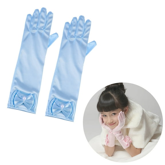 GOOHOCHY  Bow Gloves Girl Princess Long Women Formal Kids Mittens Child Blue
