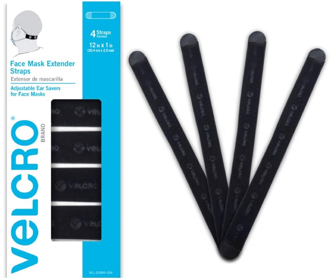 VELCRO Brand Face Mask Extender Straps 4pk Black, 12” x 1” Comfortable