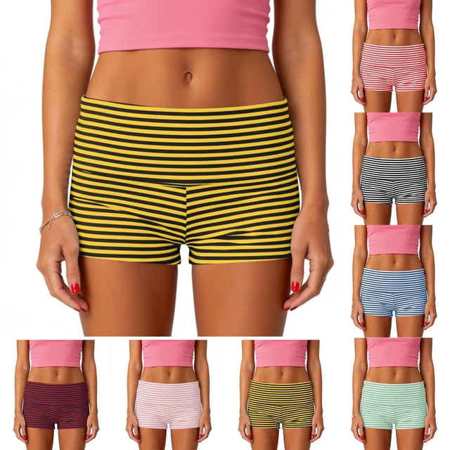 Shorts Cortos a Rayas para Mujer con Cintura Media Doblada, Pantalones de Pijama Suaves y Cómodos de Verano para Yoga, Amarillo, M