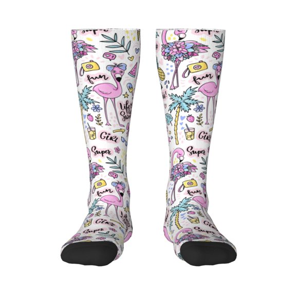 Vsdgher Summer with Flamingo Print Thigh High Socks Extra Long Stretchy Sock Women Over Knee High Opaque Stocking Daily Wear
