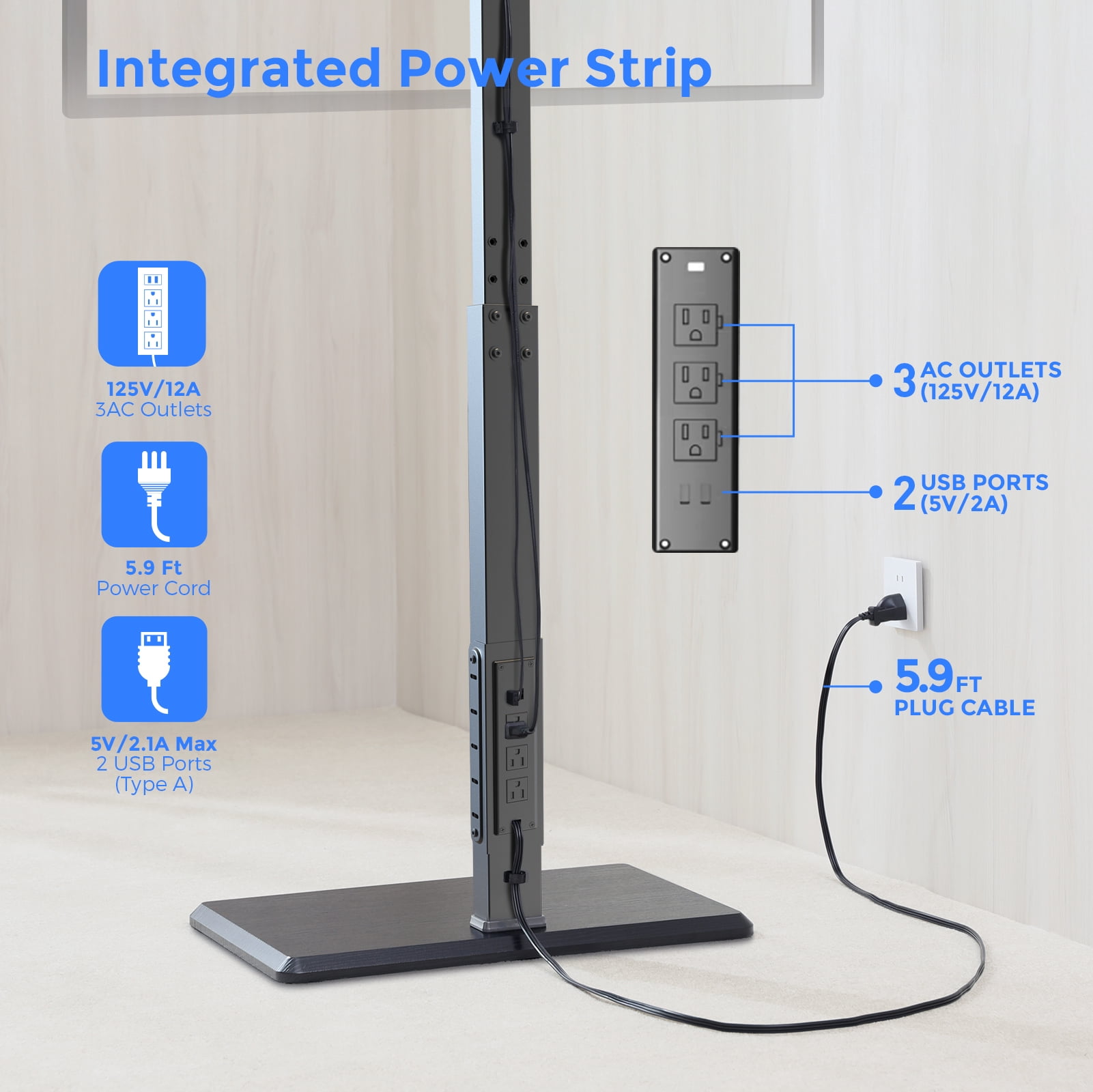 Universal Floor TV Stand,TV Floor Mount Stand with Power Outlet for 32-75 inch TV up to 110 lbs, Swivel and Height Adjustable Tall TV Stand for Bedroom,Office