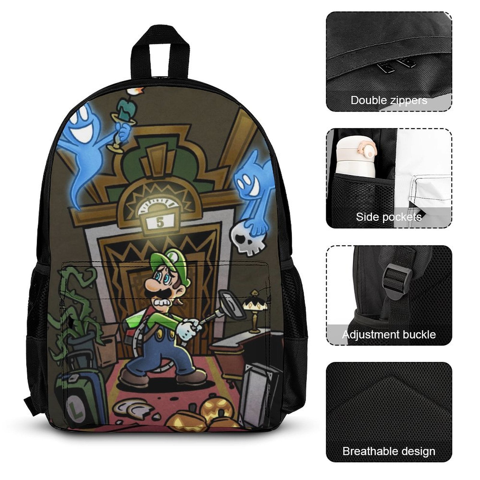 【Anyone more】Campus Pocket Buckle Daily Backpack Frightened Adventure Luigi's Mansion Backpack 3 Pieces Set