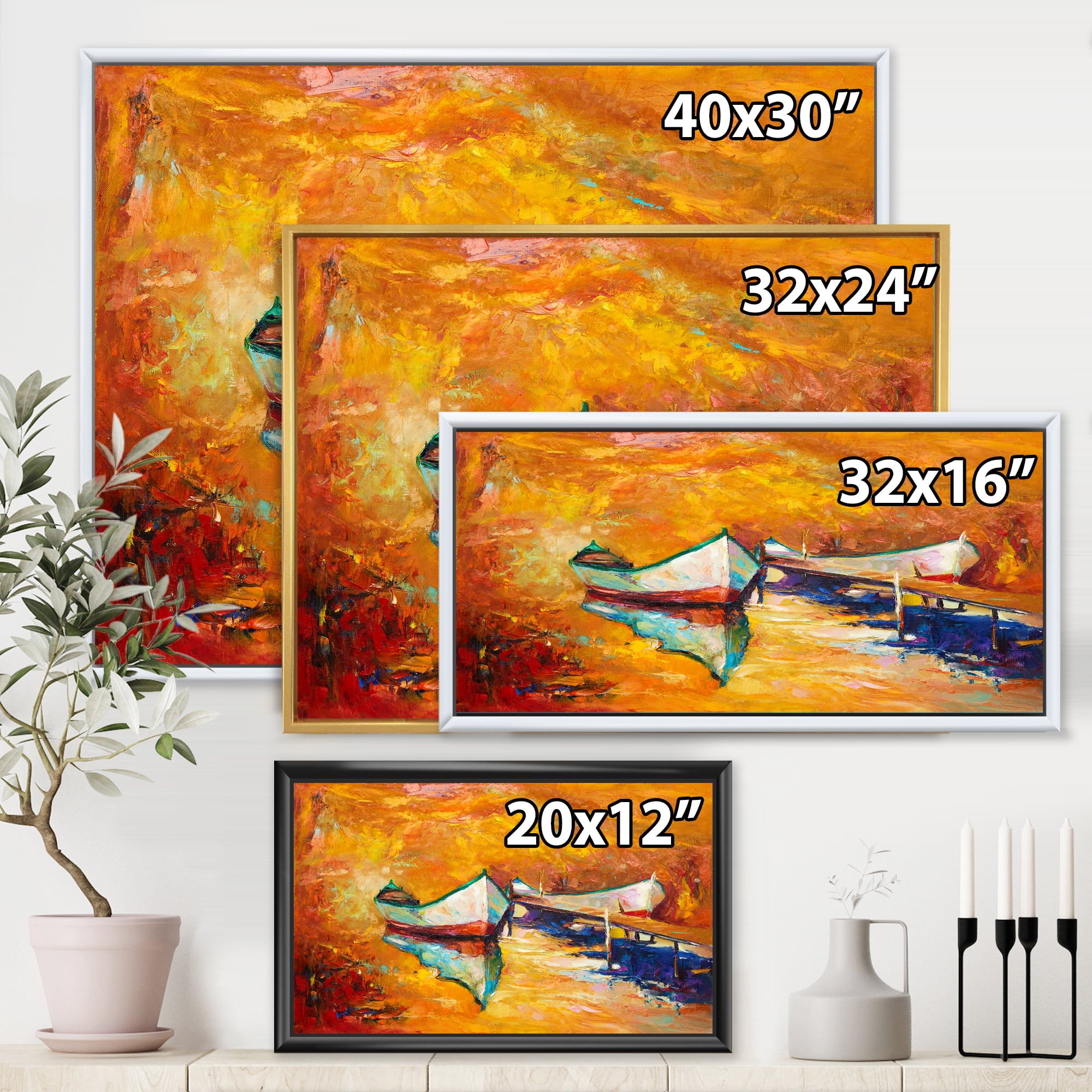 Designart 'Little Boat During Warm and Orange Evening' Nautical & Coastal Framed Canvas Wall Art Print