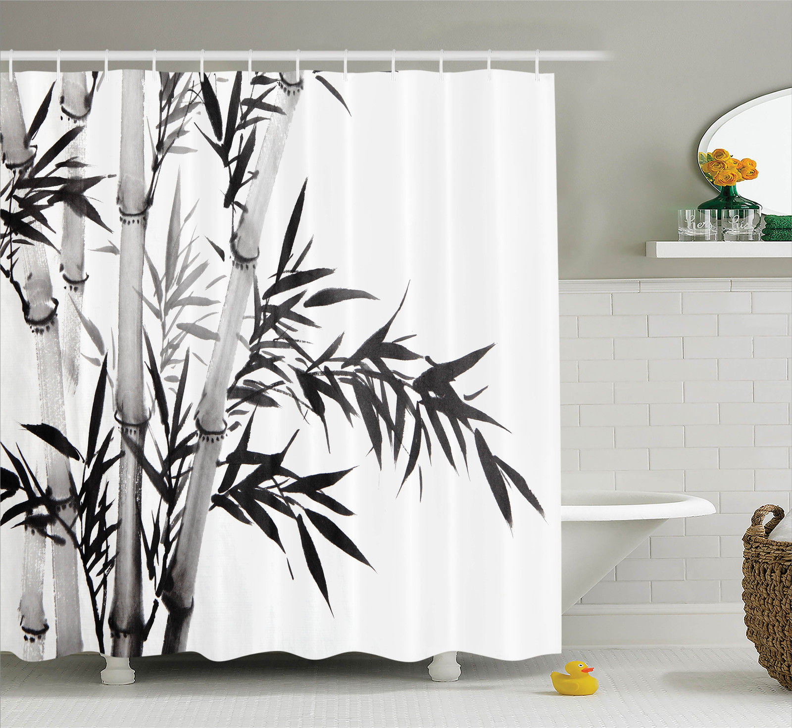 Polyester Fabric Shower Curtain Set Japanese Style Bamboo Leaves and Branches 